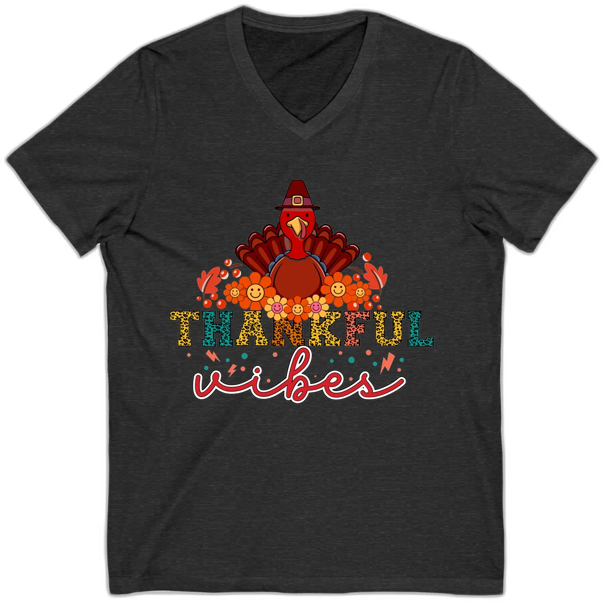 Turkey Vibes Thanksgiving Design V-Neck in Dark Grey Heather